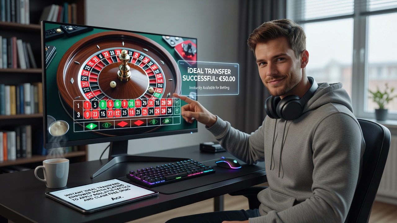 Speler die gratis spins activeert op een mobiel roulette-spel na iDEAL-storting