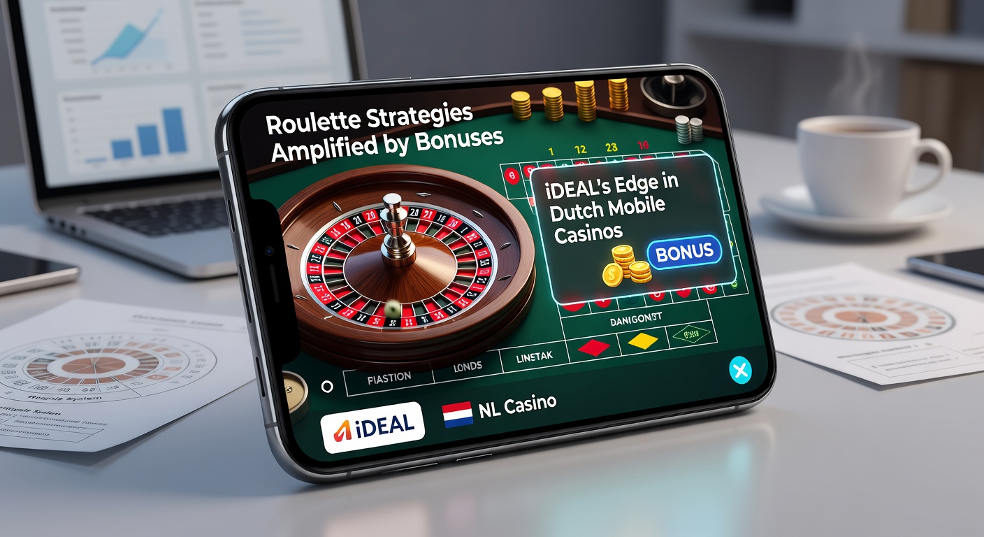 Mobiel casino-interface met roulette-strategie overlay, iDEAL QR-code en bonus-popup, gericht op Nederlandse spelers tijdens een live sessie