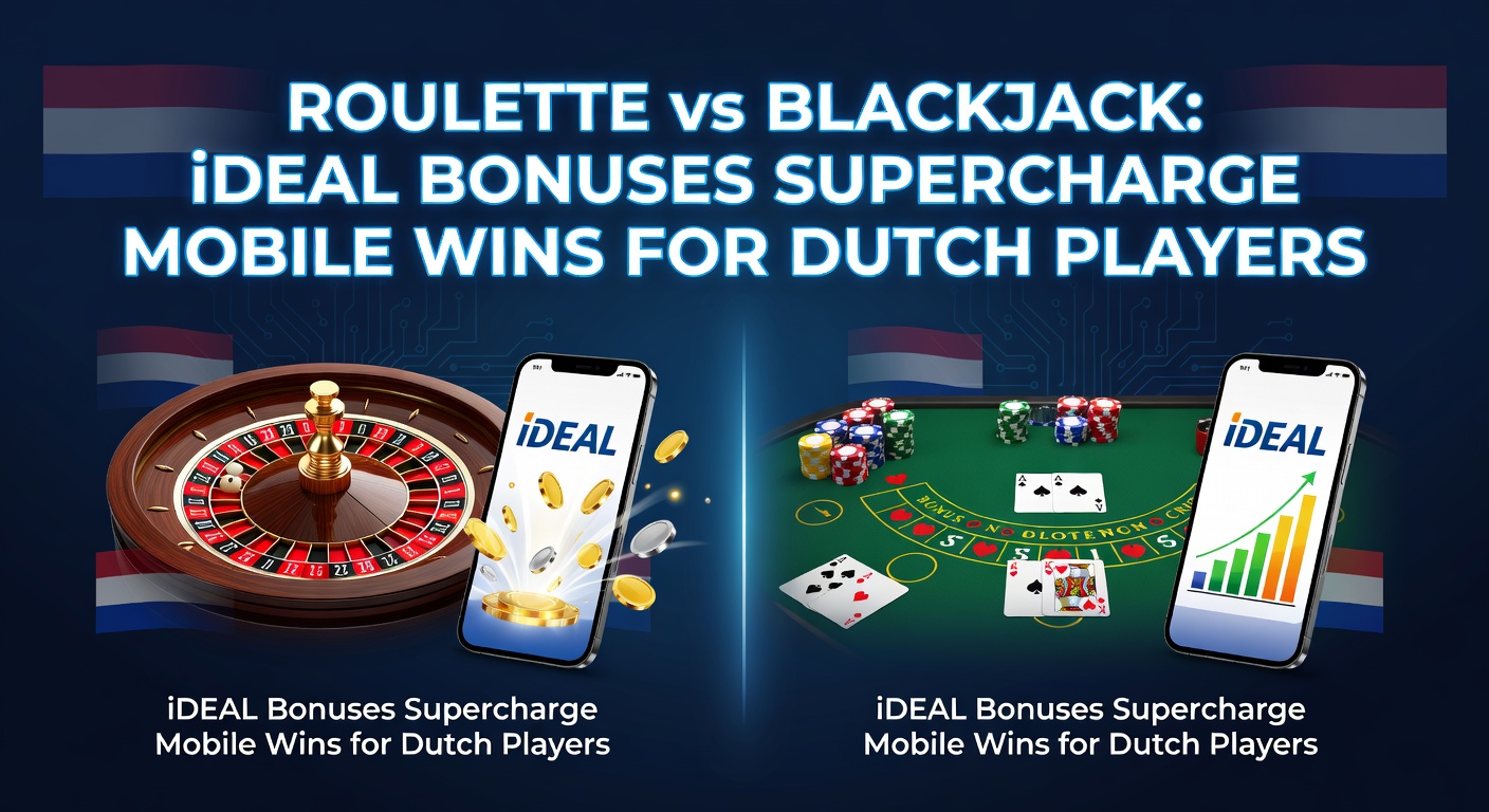 Dynamische roulette- en blackjacktafels op een mobiel scherm met iDEAL-betaallogo en bonusaanbiedingen voor Nederlandse spelers